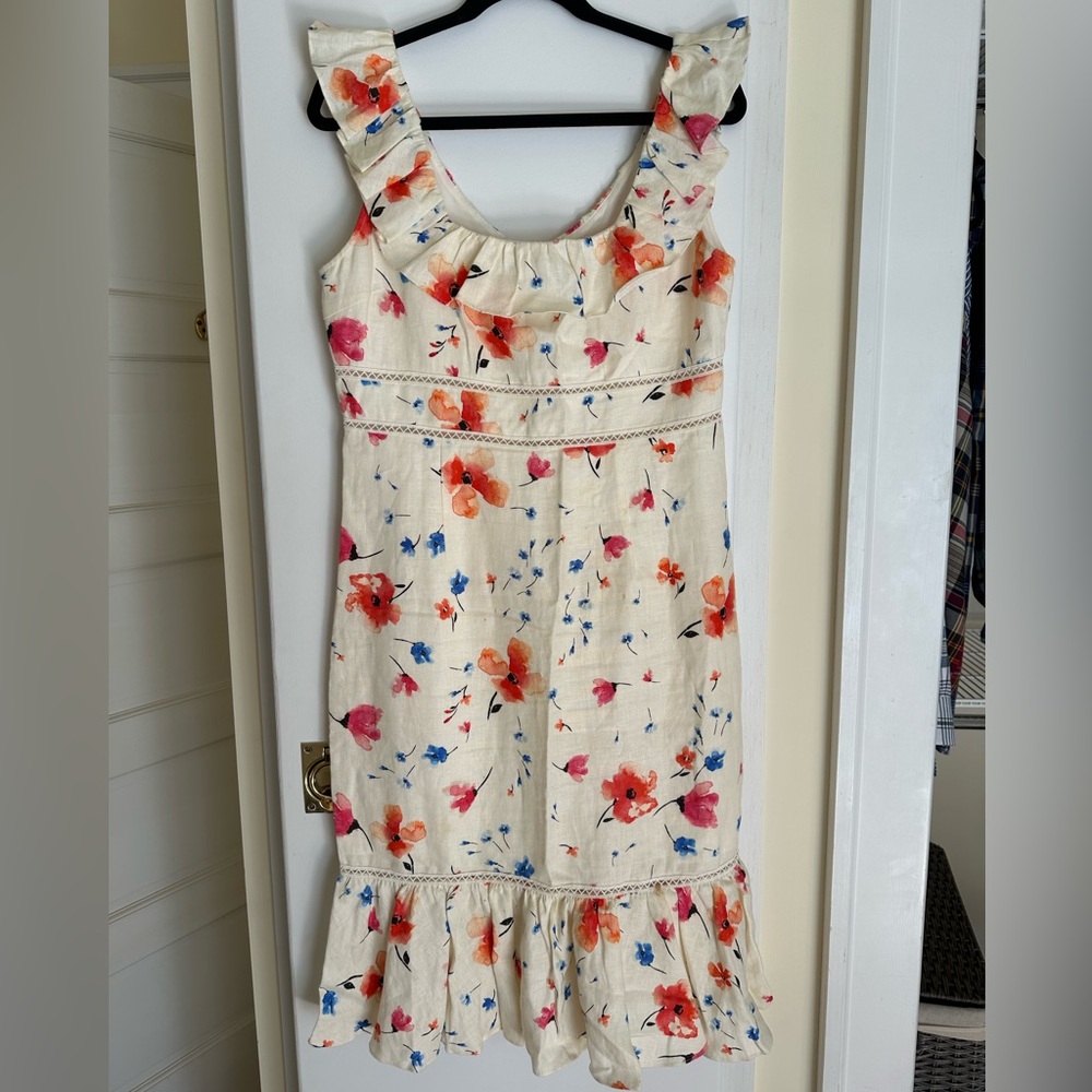 SAYLOR Cream Linen Ruffle Floral Midi Dress Size L
